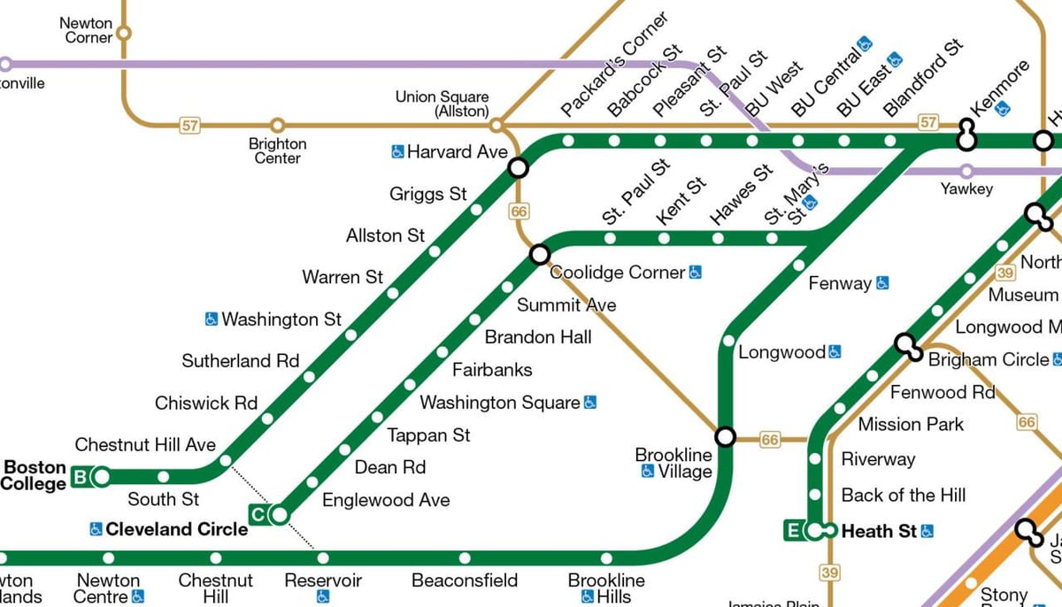 MBTA हरे रंग की लाइन का नक्शा