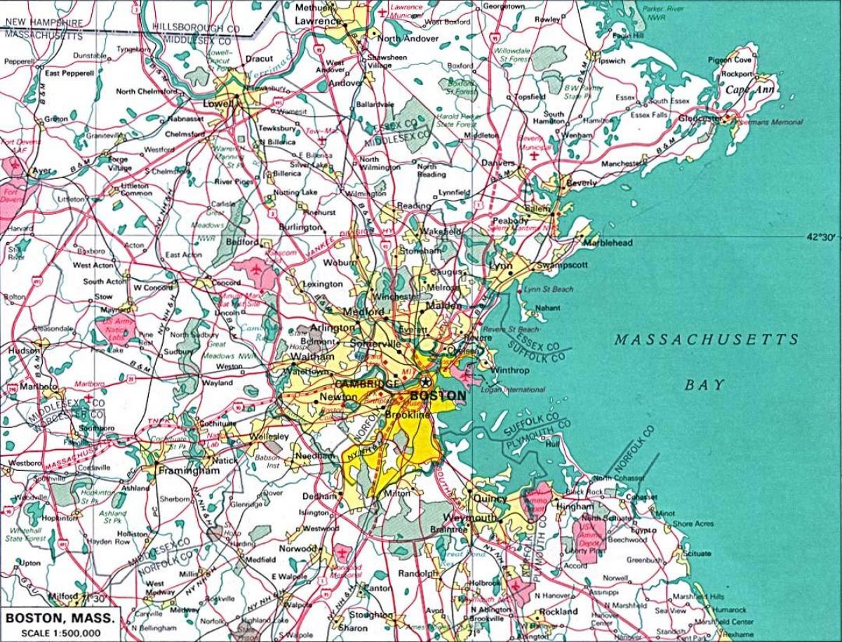 मानचित्र के अधिक से अधिक बोस्टन क्षेत्र