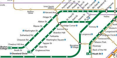MBTA हरे रंग की लाइन का नक्शा